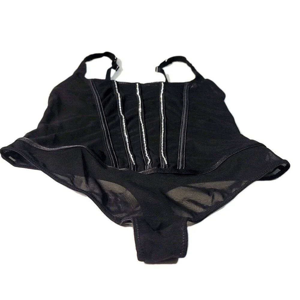 AUDEN Intimates Sheer Mesh Rhinestone Studded Thong Lingerie Bodysuit Black NWT